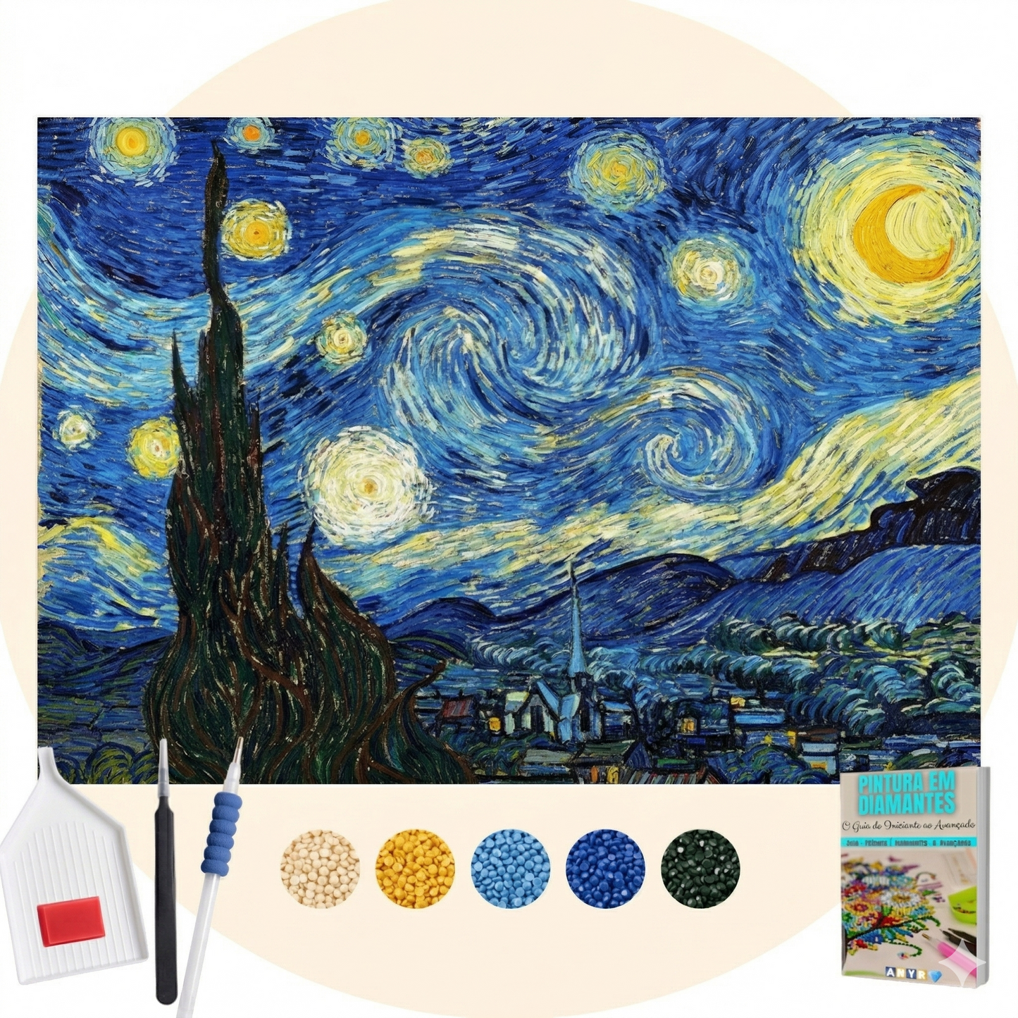 Kit Completo - Pintura em Diamantes - Noite Estrelada de Van Gogh