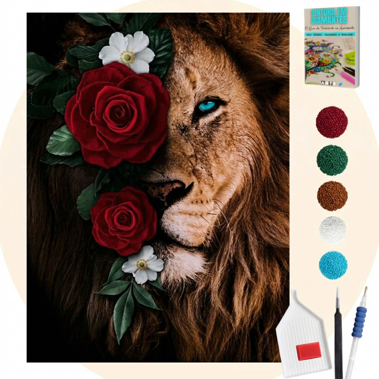 Kit Completo - Pintura em Diamantes - Leão e as flores