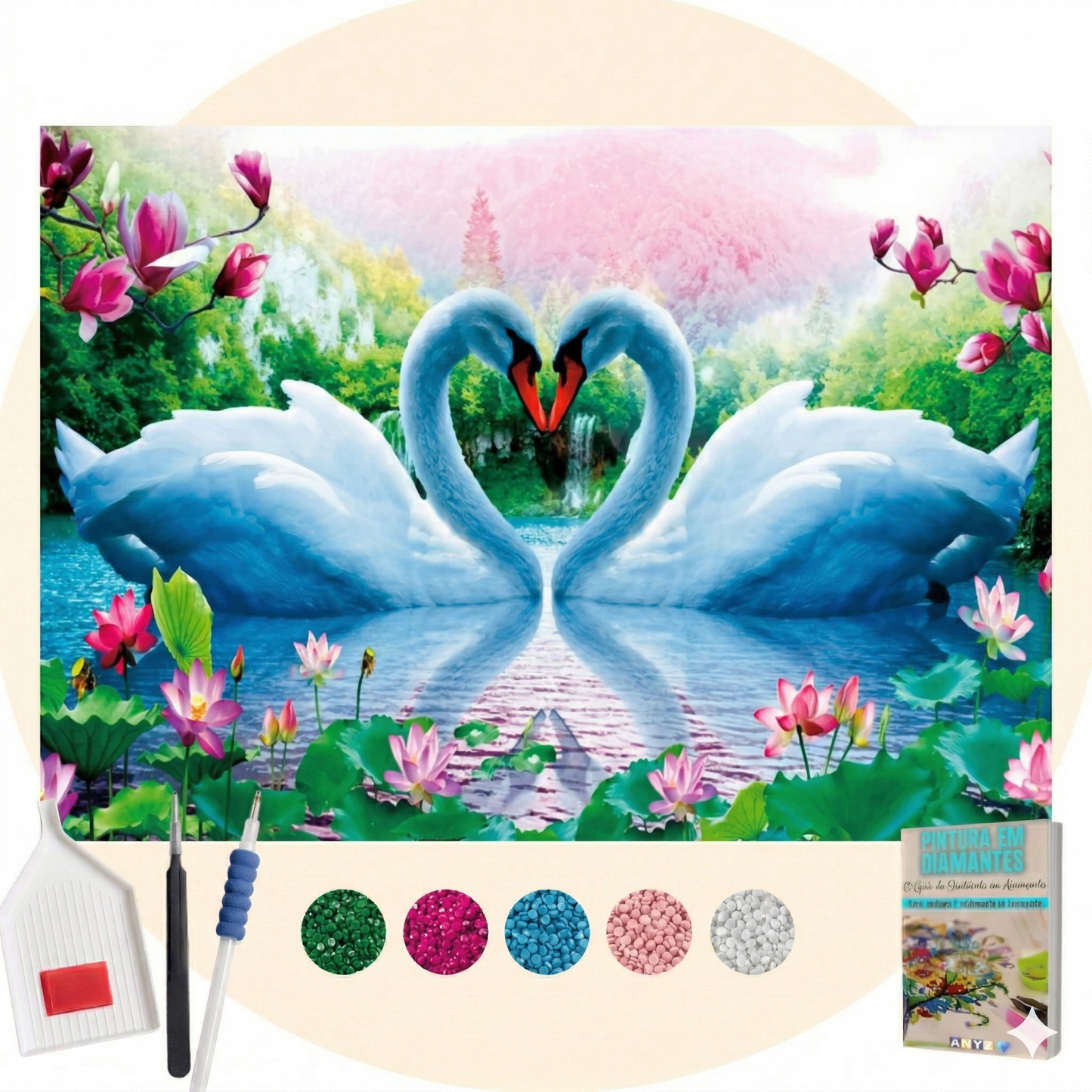 Kit Completo - Pintura em Diamantes - Coração dos cisnes
