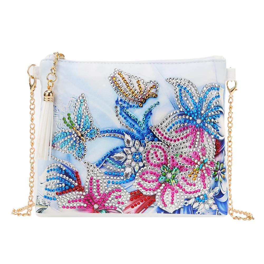 KIT Completo - Bolsa Diy - Pintura em Diamantes - Borboleta entre Flores