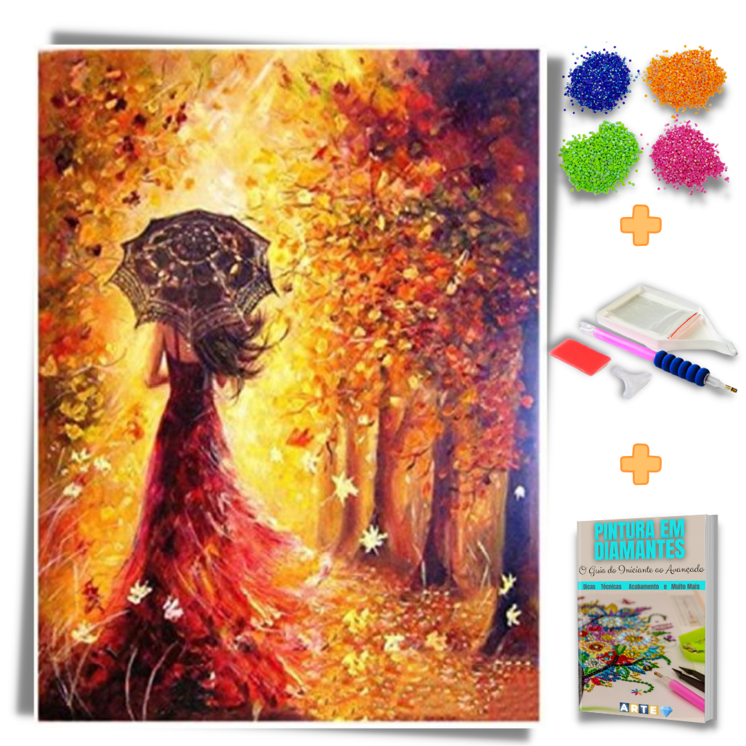 Kit Completo - Pintura em Diamantes - Mulher de outono