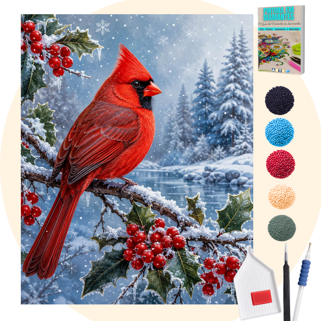 Kit Completo - Pintura em Diamantes - Pássaro vermelho