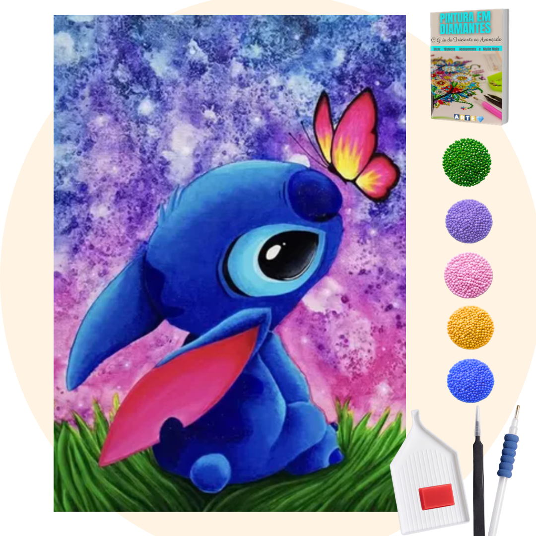Kit Completo - Pintura em Diamantes - Stitch e a borboleta