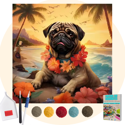 Kit Completo -  Pintura em Diamantes - Pug na praia