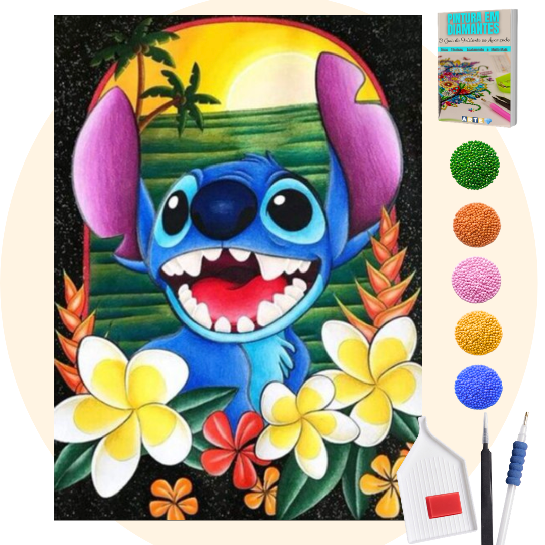 Kit Completo - Pintura em Diamantes - Stitch e as flores