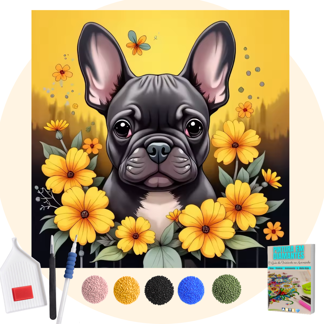 Kit Completo -  Pintura em Diamantes - Bulldog filhote