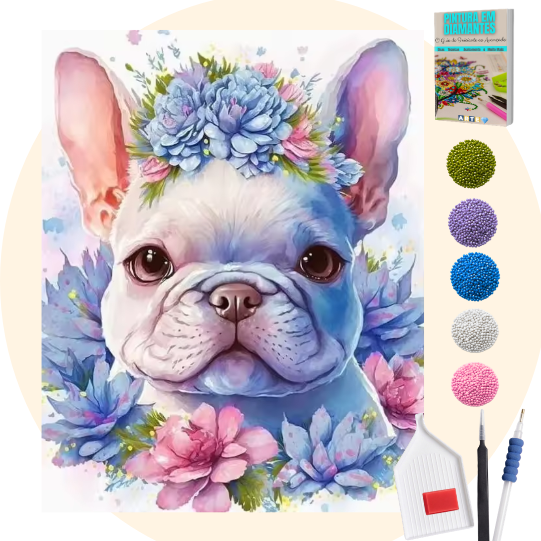 Kit Completo - Pintura em Diamantes - Bulldog branco