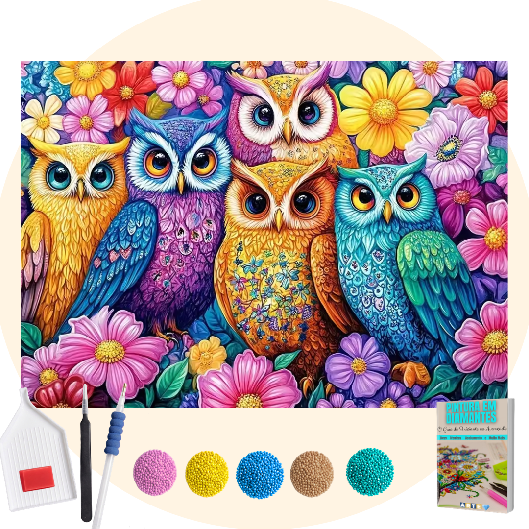 Kit Completo - Pintura em Diamantes - Corujas