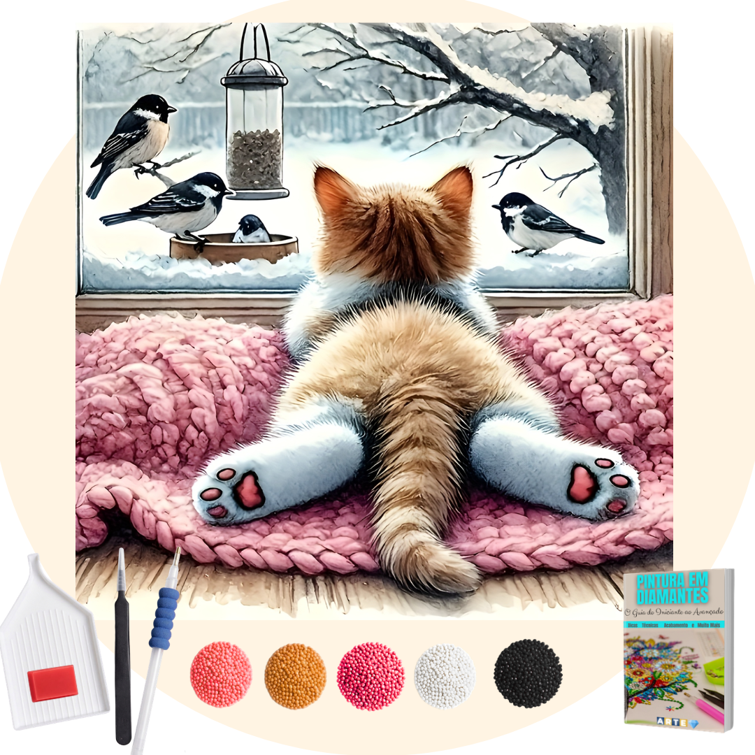 Kit Completo - Pintura em Diamantes - Gatinho na janela