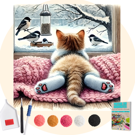 Kit Completo - Pintura em Diamantes - Gatinho na janela
