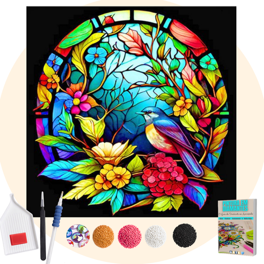 Kit Completo - Pintura em Diamantes Especiais MR - Pássaro Vitral