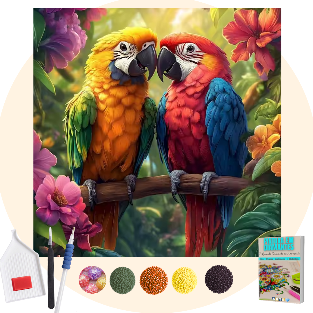 Kit Completo - Pintura em Diamantes Especiais Pó Mágico - Casal Araras
