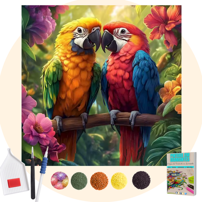 Kit Completo - Pintura em Diamantes Especiais Pó Mágico - Casal Araras