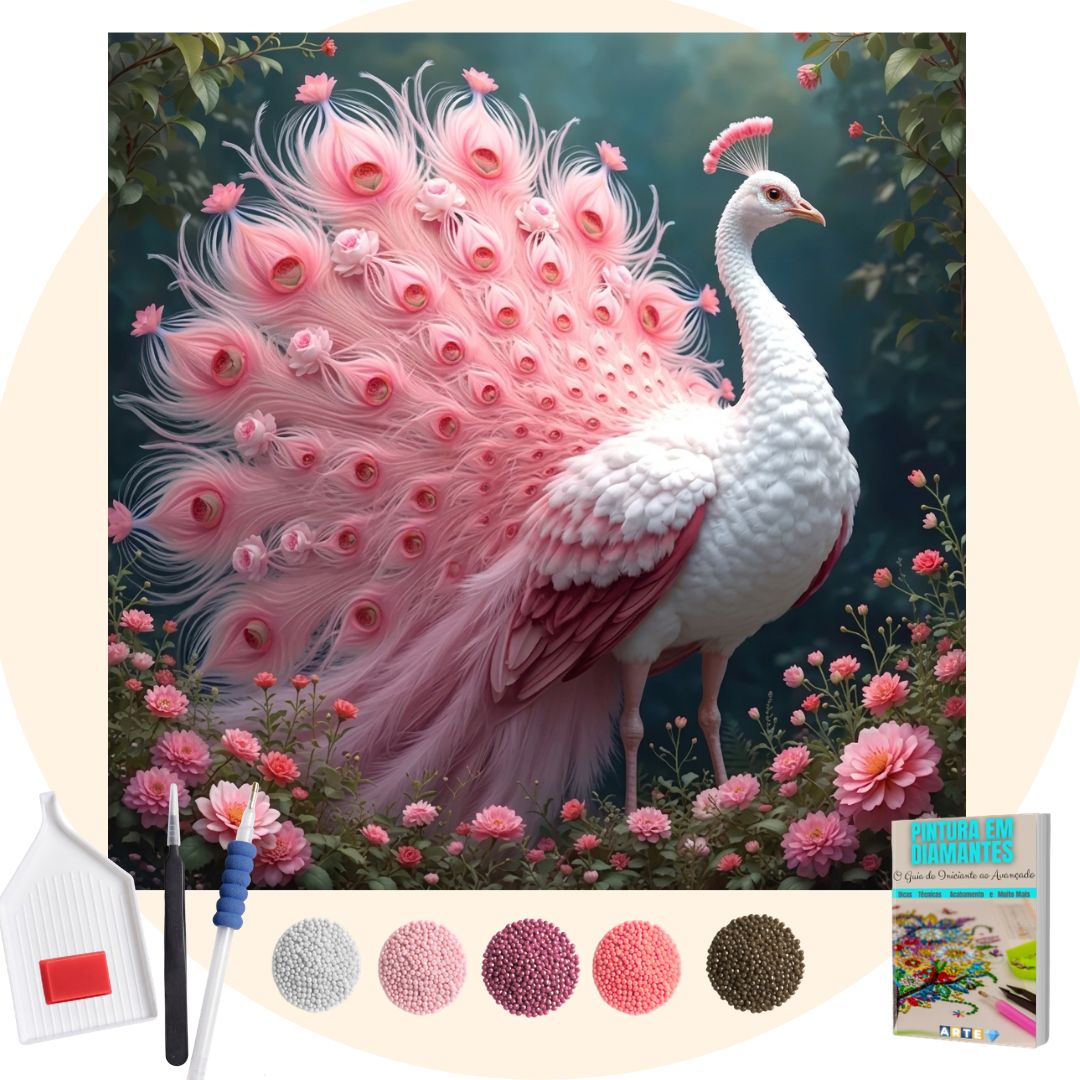 Kit Completo -  Pintura em Diamantes - Pavão Rosa