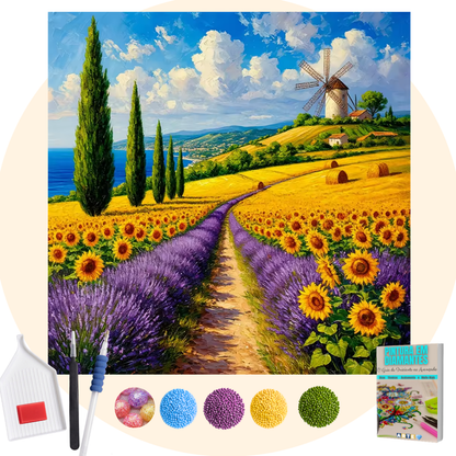 Kit Completo - Pintura em Diamantes Especiais Pó Mágico - Lavanda e Girassóis