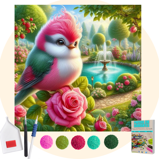 Kit Completo -  Pintura em Diamantes - Passarinho na Fonte