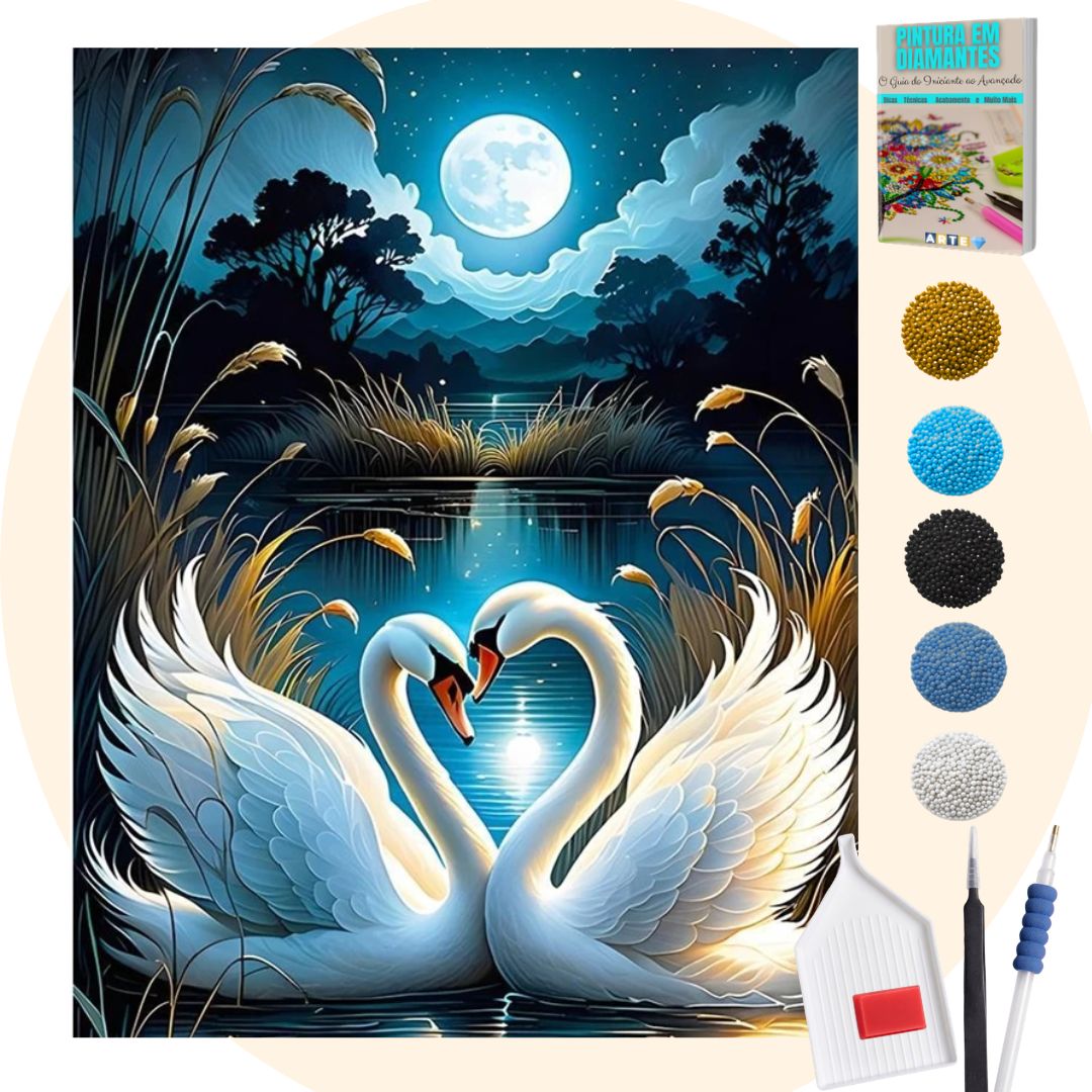Kit Completo - Pintura em Diamantes - Cisnes sob luar