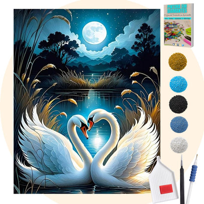 Kit Completo - Pintura em Diamantes - Cisnes sob luar