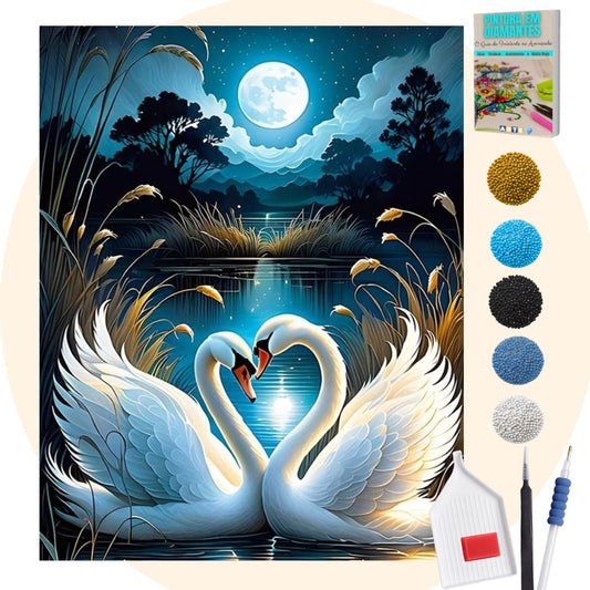 Kit Completo - Pintura em Diamantes - Cisnes sob luar