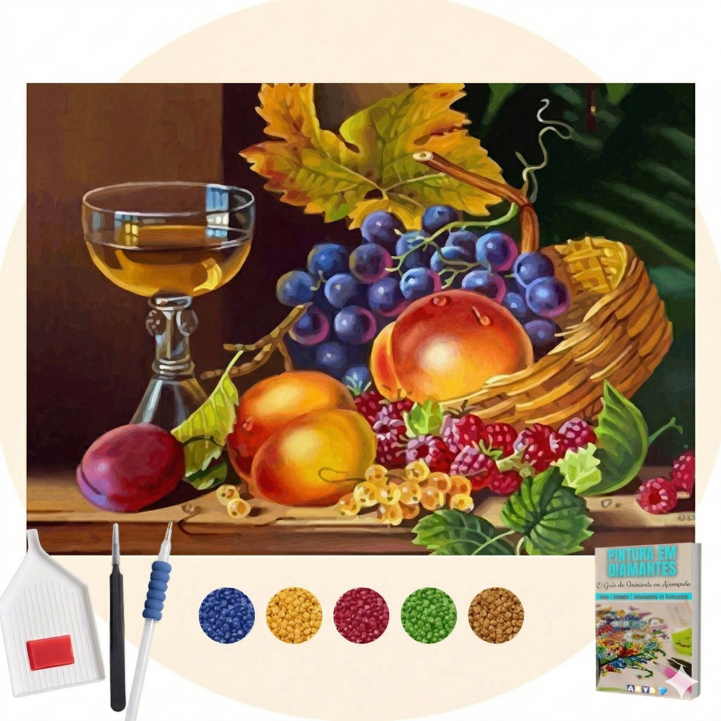 Kit Completo - Pintura em Diamantes - Frutas e vinho