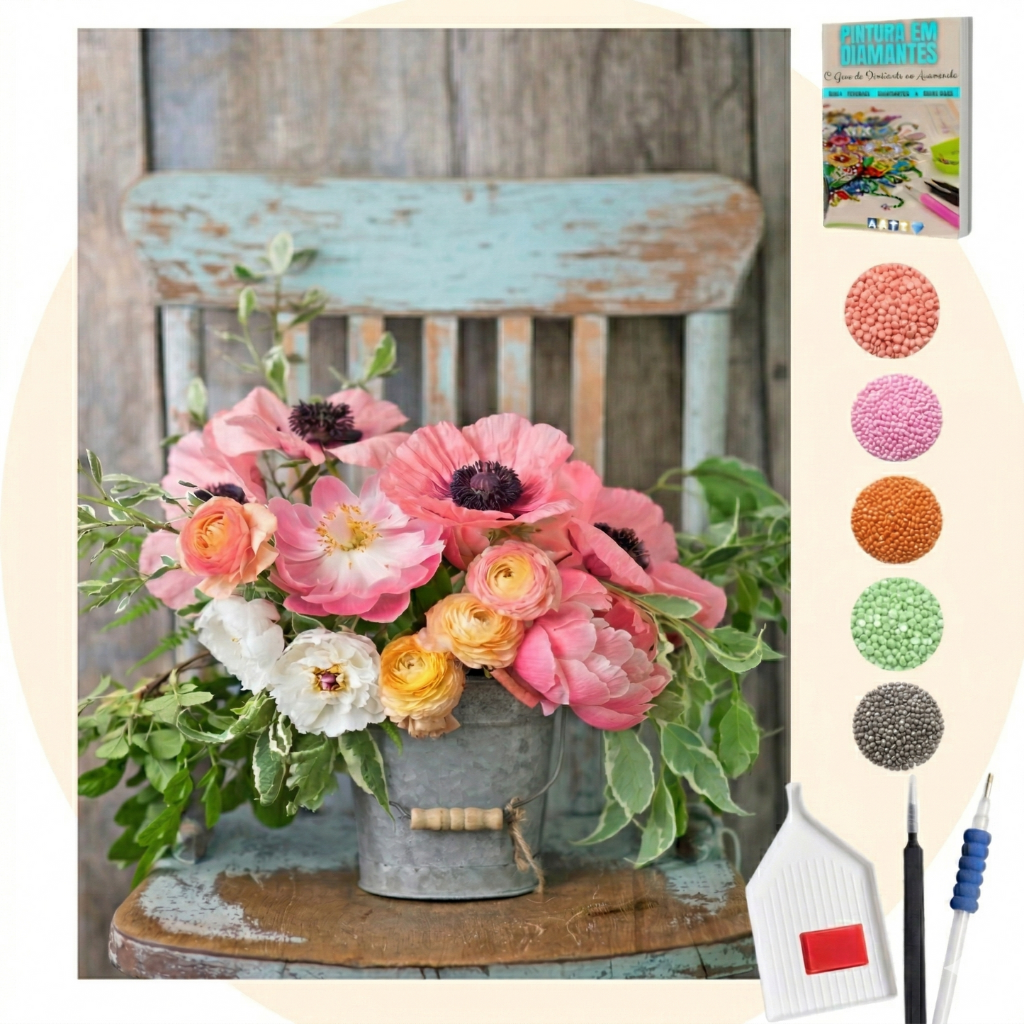 Kit Completo - Pintura em Diamantes - Rústico com flores