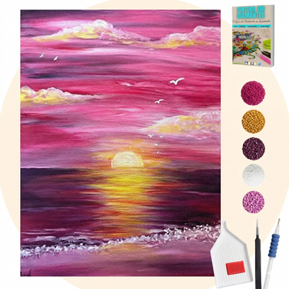 Kit Completo - Pintura em Diamantes - Paisagem Rosa