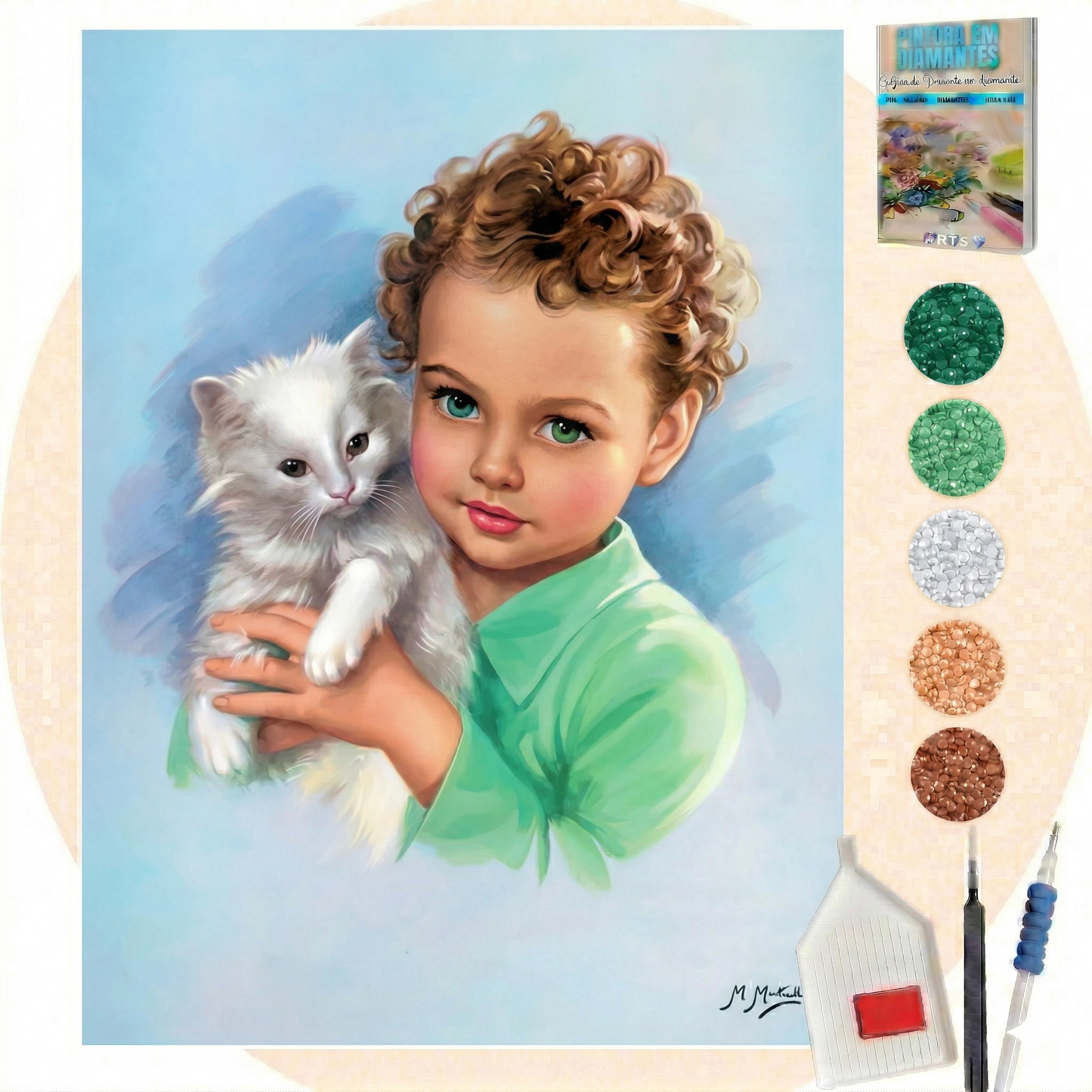 Kit Completo - Pintura em Diamantes - Menino com gatinho