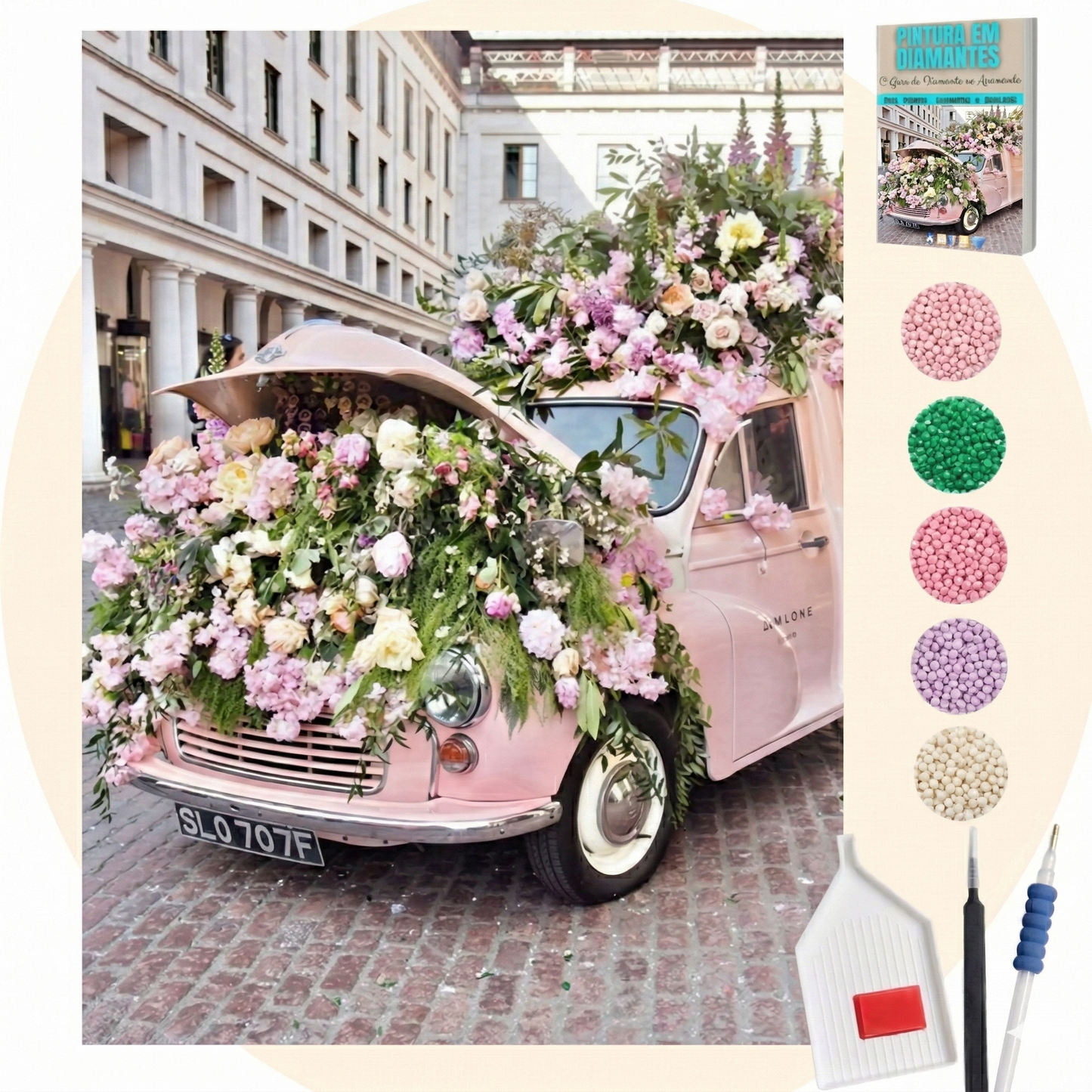 Kit Completo - Pintura em Diamantes - Fusca Rosa