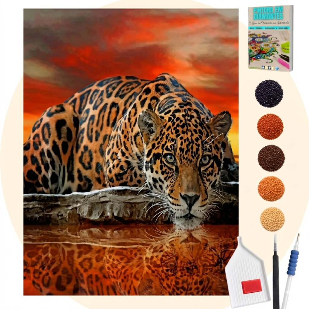 Kit Completo - Pintura em Diamantes - Leopardo e seu Reflexo