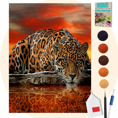 Kit Completo - Pintura em Diamantes - Leopardo e seu Reflexo