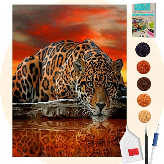 Kit Completo - Pintura em Diamantes - Leopardo e seu Reflexo