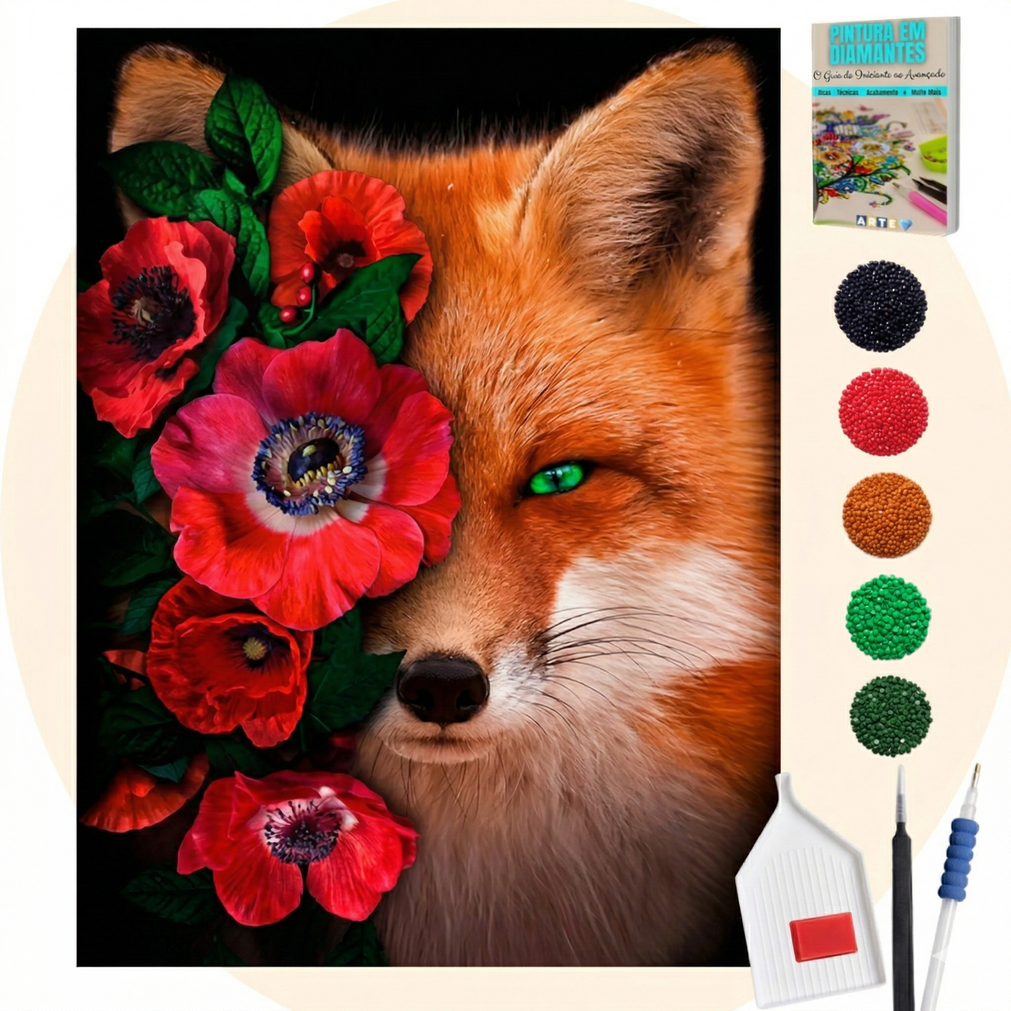 Kit Completo - Pintura em Diamantes - Raposa e as flores