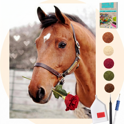 Kit Completo - Pintura em Diamantes - Cavalo com rosa