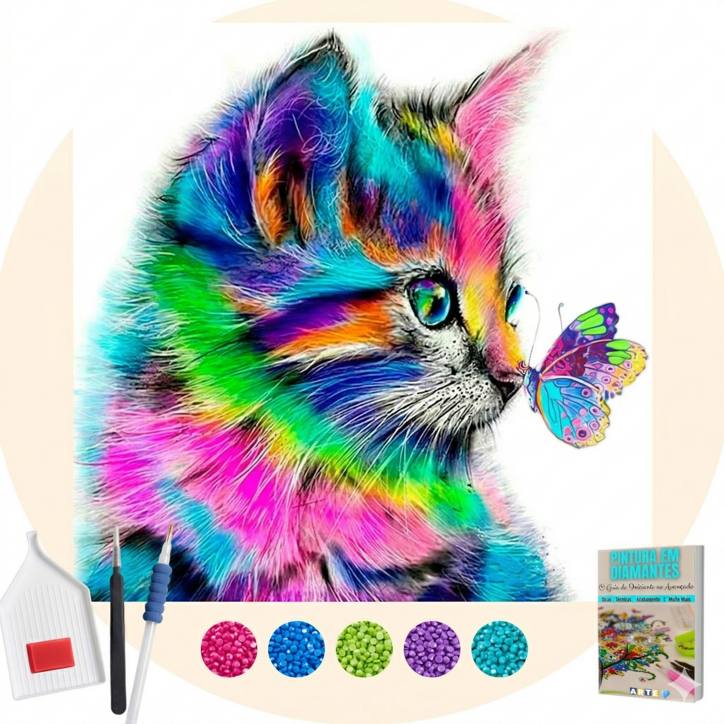 Kit Completo -  Pintura em Diamantes - Gatinho Colorido