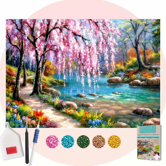 Kit Completo - Pintura em Diamantes - Riacho em meio a Cerejeira