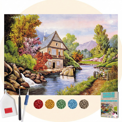 Kit Completo - Pintura em Diamantes - A casa e o riacho