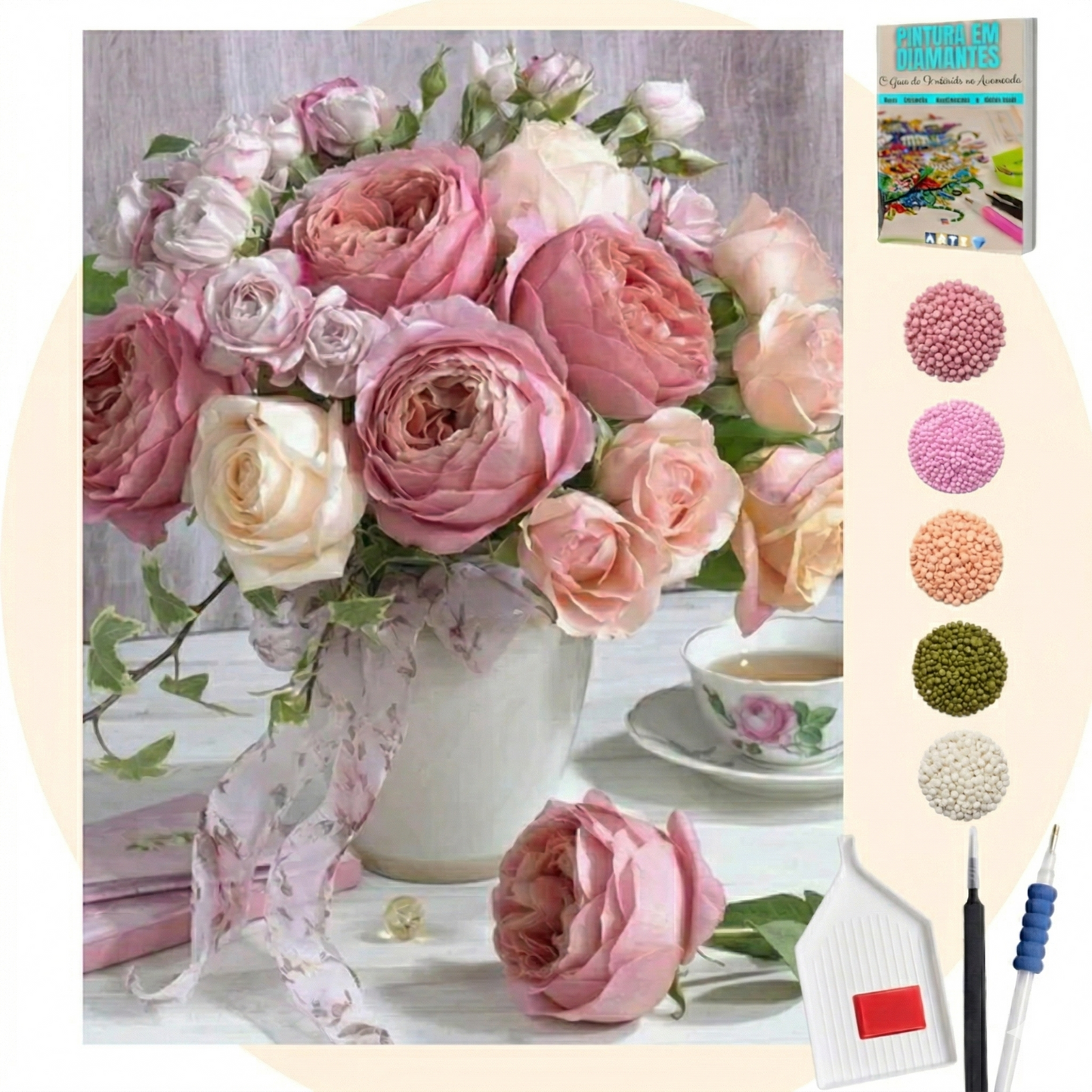 Kit Completo - Pintura em Diamantes - Vaso de Flores Vintage