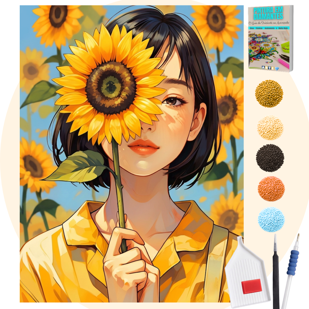 Kit Completo - Pintura em Diamantes - Menina Girassol