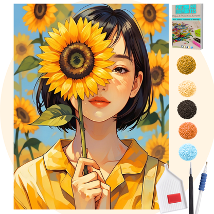 Kit Completo - Pintura em Diamantes - Menina Girassol