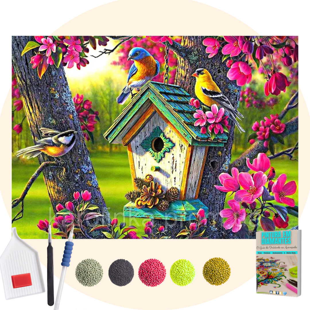 Kit Completo - Pintura em Diamantes - Casa de Pássaros