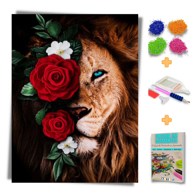 Kit Completo - Pintura em Diamantes - Leão e as flores