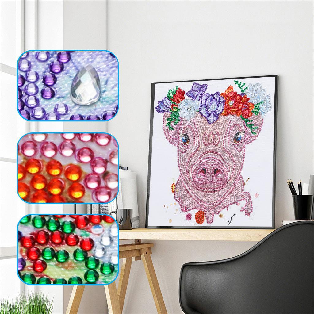 Kit Completo - Pintura em Diamantes - Porco Florido - 30x30