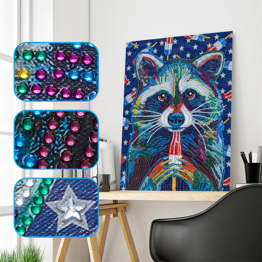 Kit Completo - Pintura em Diamantes - Guaxinim Colorido - 30x40