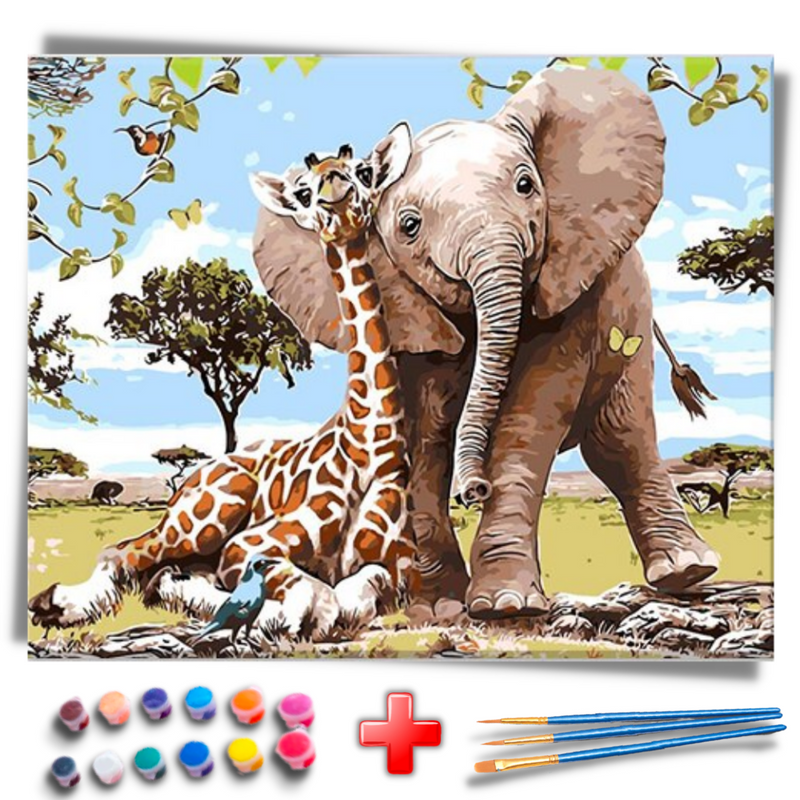 Kit Completo - Pintura Numerada - A Girafa e o Elefante