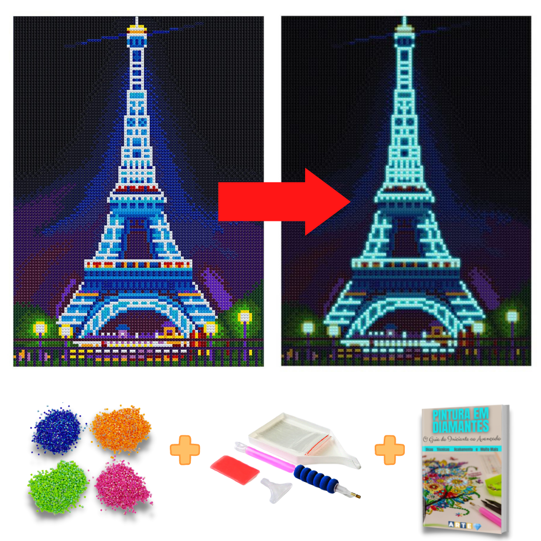 Pintura em Diamantes - Tela Fluorescente - Torre Eiffel - Pedras Redondas - 30x40cm