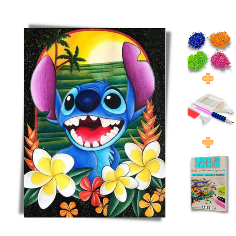 Kit Completo - Pintura em Diamantes - Stitch e as flores