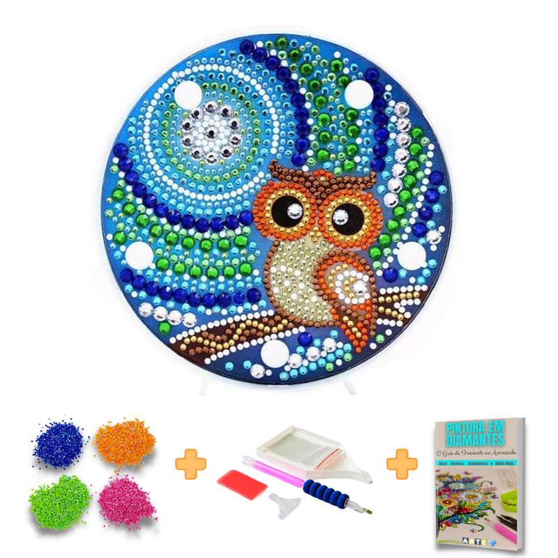 Kit completo - Mandalas em Abajur com Pintura em Diamantes - Coruja