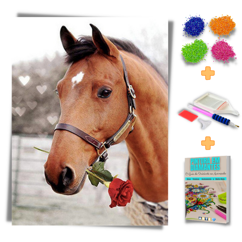 Kit Completo - Pintura em Diamantes - Cavalo com rosa
