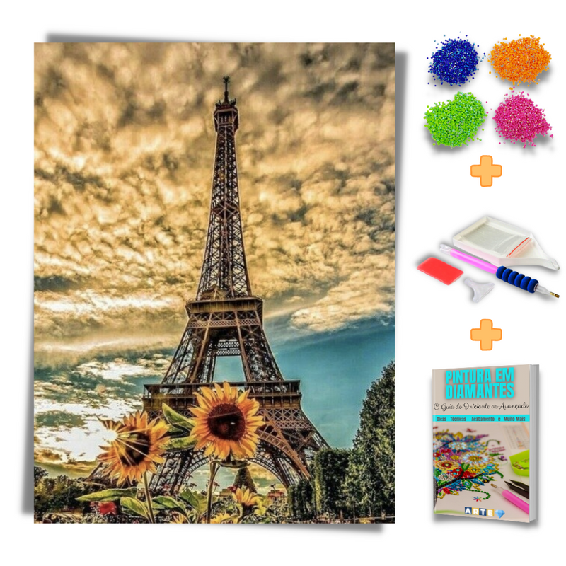 Kit Completo - Pintura em Diamantes - Torre Eiffel com Girassol