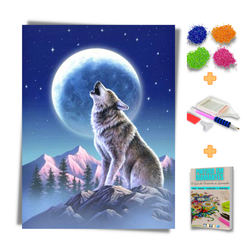 Kit Completo - Pintura em Diamantes - O Lobo e a Lua Cheia